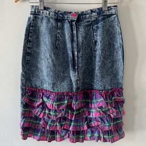Vintage Jerry Leigh denim‎ jean pencil skirt, plaid ruffle accents, zipper, sz 7